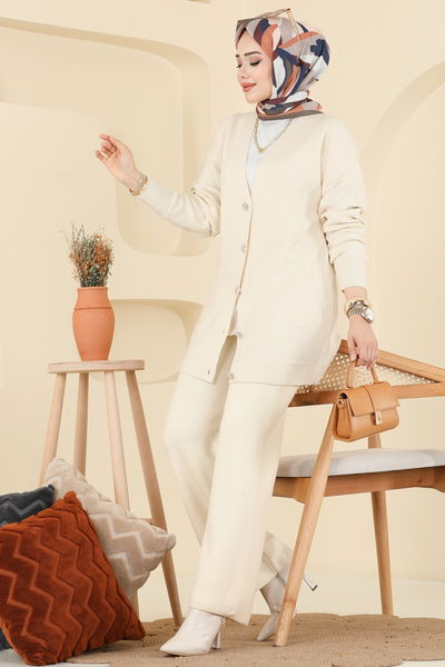 M.T. - Düğme Detaylı Triko Takım 1314MT581-MS Taş - 410610