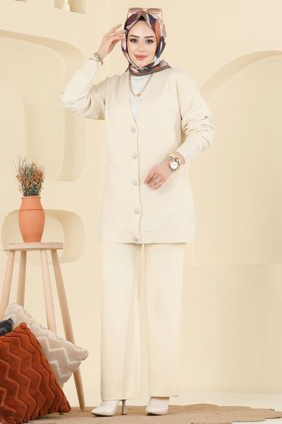 M.T. - Düğme Detaylı Triko Takım 1314MT581-MS Taş - 410611