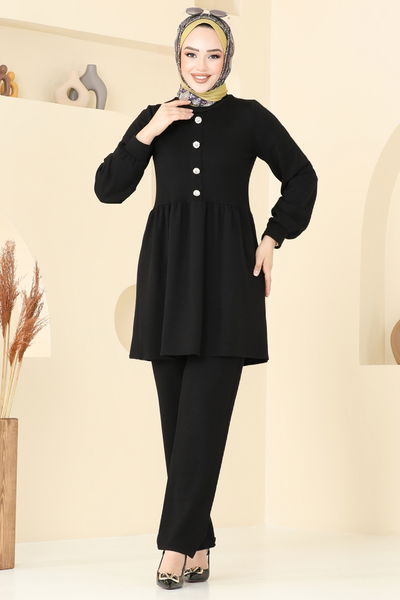 Z.N.K. - Düğmesi Taşlı Modal Takım 5702ZNK1009-MS Siyah - 389377