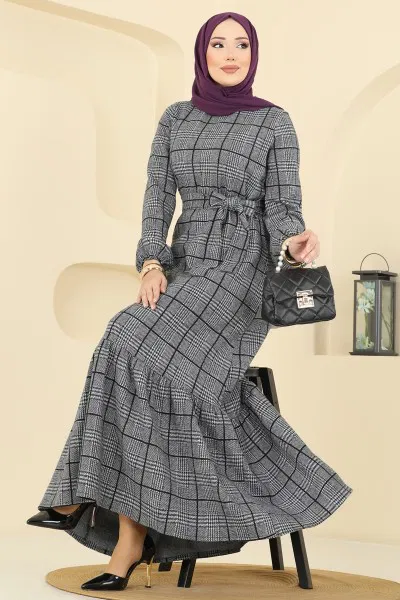 U.K.B. - Ekose Desenli Kışlık Elbise 22009UKB139-MS Gri