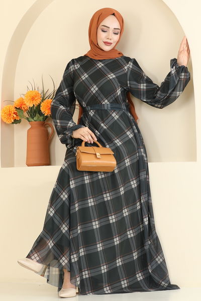 E.D.F. - Ekose Desenli Tül Elbise 5740EDF311-MS Haki - 426250