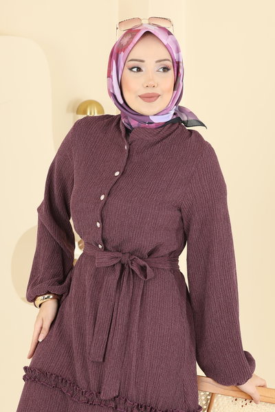 B.L.U. - Eteği Fırfır Detaylı Elbise 3322BLU797-MS Koyu Gül Kurusu - 422148