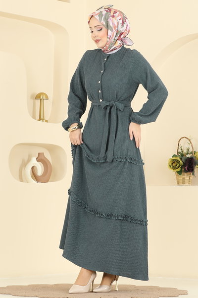 B.L.U. - Eteği Fırfır Detaylı Elbise 3322BLU797-MS Petrol - 422091