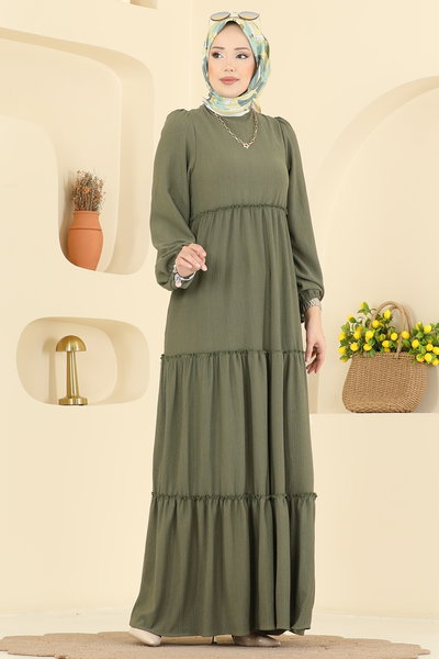 B.L.U. - Eteği Katlı Bürümcük Elbise 3300BLU797-MS Haki - 419669