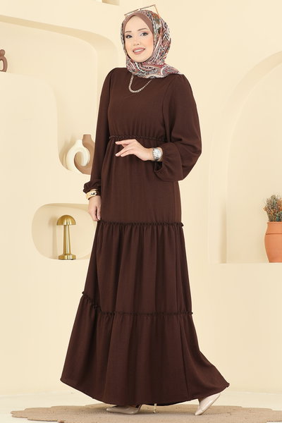 B.L.U. - Eteği Katlı Bürümcük Elbise 3300BLU797-MS Kahve - 419674