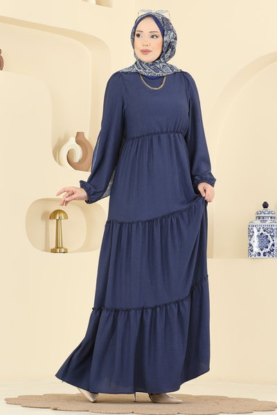 B.L.U. - Eteği Katlı Bürümcük Elbise 3300BLU797-MS Laci - 419677