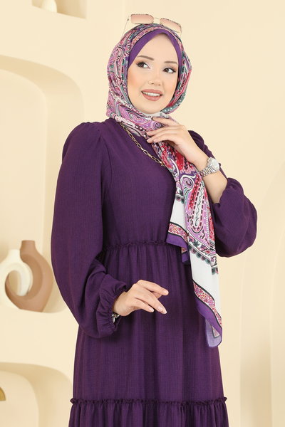 B.L.U. - Eteği Katlı Bürümcük Elbise 3300BLU797-MS Mor - 419690