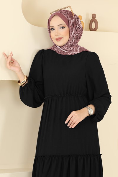 B.L.U. - Eteği Katlı Bürümcük Elbise 3300BLU797-MS Siyah - 419684