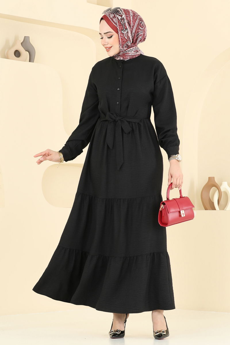Eteği Katlı Elbise 6162BSK463-MS Siyah