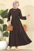 P.R.M. - Eteği Katlı Kuşaklı Elbise 4120PM271-MS Açık Kahve