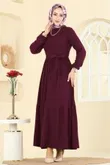 P.R.M. - Eteği Katlı Kuşaklı Elbise 4120PM271-MS Koyu Bordo