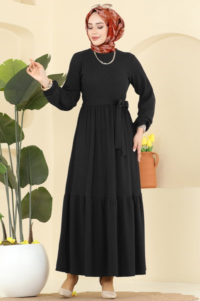 P.R.M. - Eteği Katlı Kuşaklı Elbise 4120PM271-MS Siyah - 429141