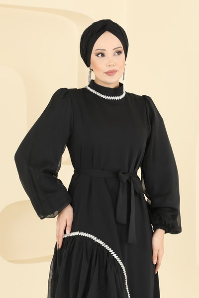 E.D.F. - Eteği Katlı Taşlı Abiye 5735EDF311-MS Siyah - 424130