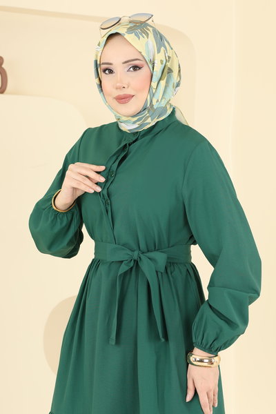 K.T.R. - Eteği Katlı Terikoton Elbise 3075KTR750-MS Zümrüt - 424093