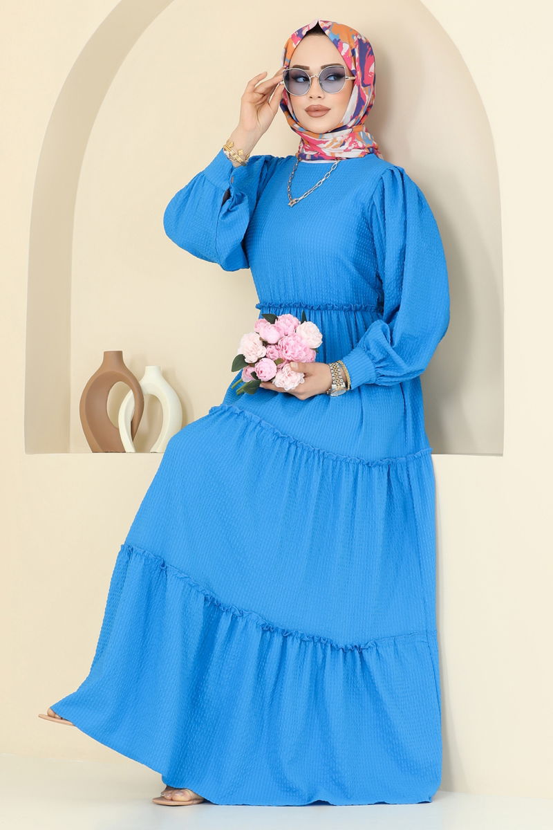 Eteği Katlı Tesettür Elbise 3033TBL694-MS Mavi
