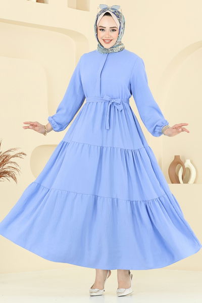 T.E.G. - Eteği Katlı Tesettür Elbise 6094TEG847-MS Bebe Mavi - 378307
