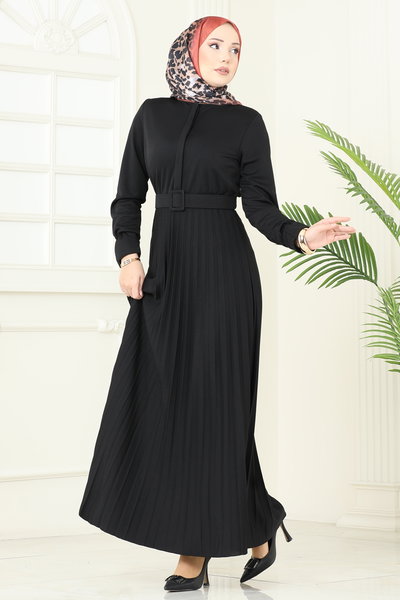 E.D.F. - Eteği Piliseli Kemerli Elbise 5730EDF311-MS Siyah - 419885