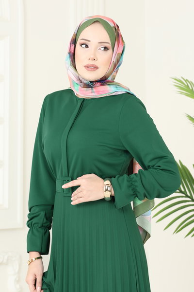 E.D.F. - Eteği Piliseli Kemerli Elbise 5730EDF311-MS Zümrüt - 419889