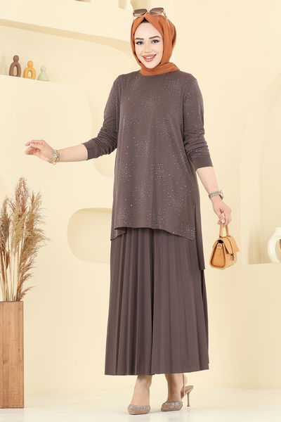 U.Z. - Eteği Piliseli Taşlı Takım 6027UZ662-MS Kahve - 385639