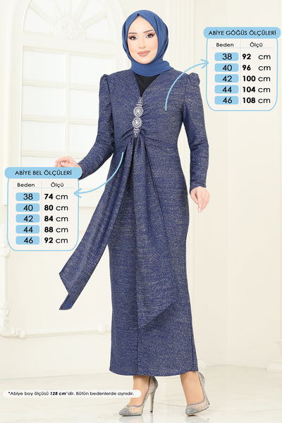 A.S.M.K. - Eteği Volanlı Abiye Elbise 2782ASMK1074-MS İndigo - 390069