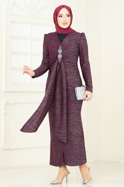 A.S.M.K. - Eteği Volanlı Abiye Elbise 2782ASMK1074-MS Mürdüm - 390073