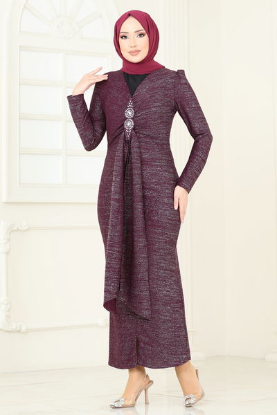 A.S.M.K. - Eteği Volanlı Abiye Elbise 2782ASMK1074-MS Mürdüm - 390074