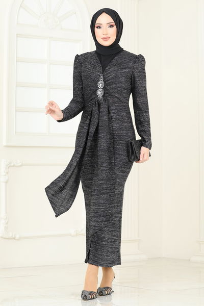 A.S.M.K. - Eteği Volanlı Abiye Elbise 2782ASMK1074-MS Siyah - 390055