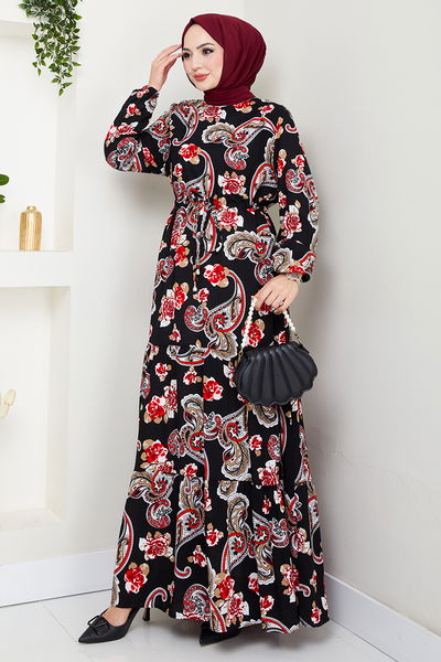 MRV O.Z.R. - Ethnic Pattern Hijab Dress 823OZR1047-M Black - 353232