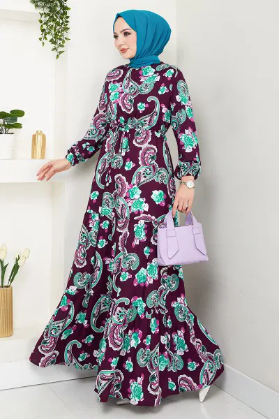 MRV O.Z.R. - Etnik Desen Tesettür Elbise 823OZR1047-M Mürdüm