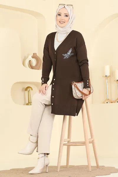 U.Z. - Figür Detaylı Merserize Hırka 3207UZ662-MS Kahve - 422610