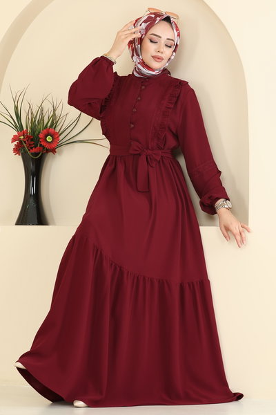 A.S.N. - Fırfır Detaylı Krep Elbise 318ASN888-MS Bordo - 419156