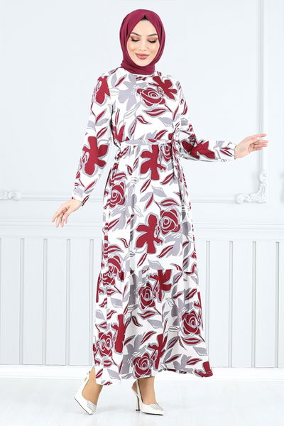 MRV U.Z. - Flower Patterned Bürümcük Dress 5010UZ1029-M Burgundy - 351163