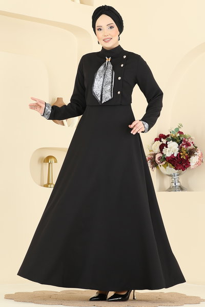 S.L. - Fular Aksesuarlı Dabıl Elbise 2818SL432-MS Siyah - 426061