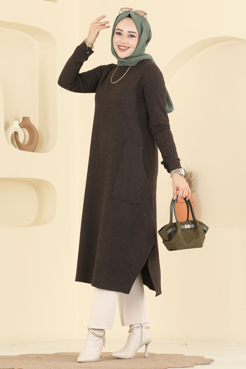 Geniş Cepli Balıksırtı Tunik 24009UKB139-MS Kahve