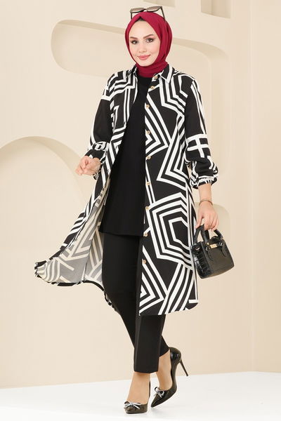 B.G.S. - Geometrik Desen Viskon Tunik 0173BG354-MS Siyah&Ekru - 364892