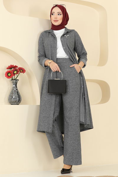 U.K.B. - Gizli Düğmeli Balıksırtı Takım 24006UKB139-MS Gri - 416184