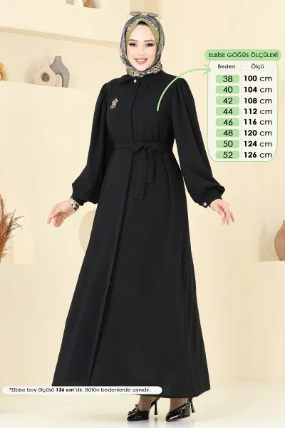 B.G.S. - Gizli Düğmeli Elbise Ferace 0037BG354-MS Siyah