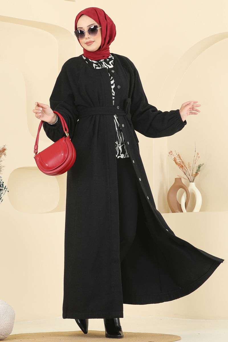 Gizli Düğmeli Kaşe Kaban 0504BG354-MS Siyah