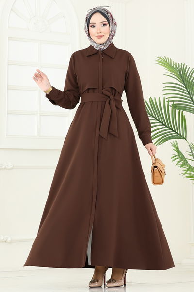 U.K.B. - Gizli Fermuarlı Pardesü Ferace 23021UKB139-MS Kahve - 360301