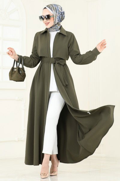 S.L. - Gizli Fermuarlı Pardesü Ferace 2630SL432-MS Haki
