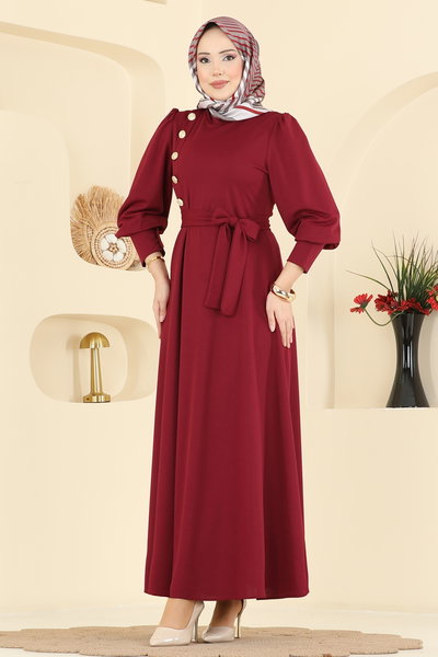 A.L.G. - Gold Düğmeli Krep Elbise 4691ALG474-MS Bordo - 423137