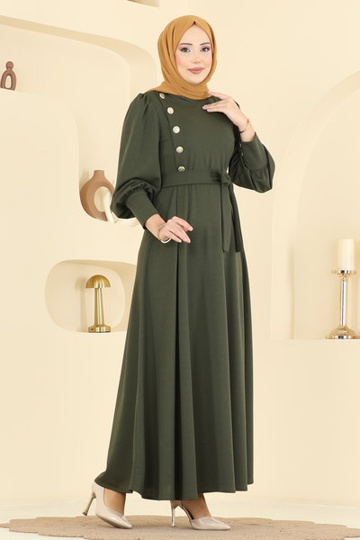 A.L.G. - Gold Düğmeli Krep Elbise 4691ALG474-MS Haki - 423145