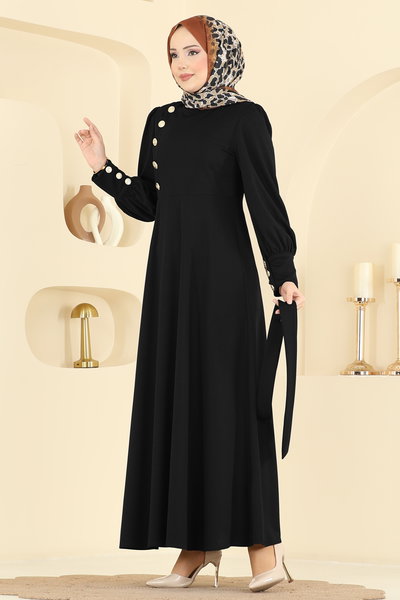 A.L.G. - Gold Düğmeli Krep Elbise 4691ALG474-MS Siyah - 423170