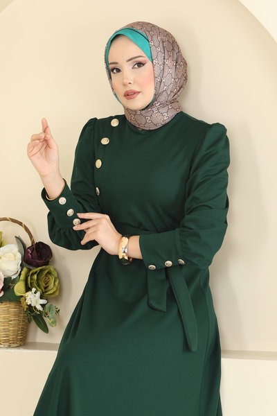 A.L.G. - Gold Düğmeli Krep Elbise 4691ALG474-MS Zümrüt - 423177