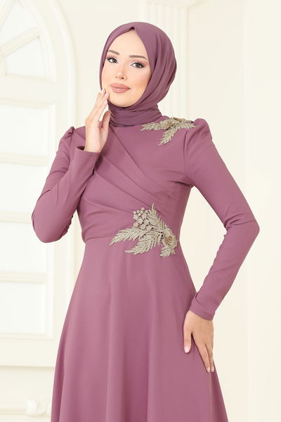 A.S.M. - Gold Güpürlü Abiye Elbise ASM2812-MS Gül Kurusu - 361271