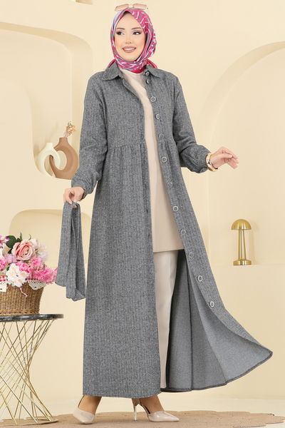 U.K.B.K. - Gömlek Yaka Balıksırtı Elbise 24082UKBK1160-MS Gri - 413630