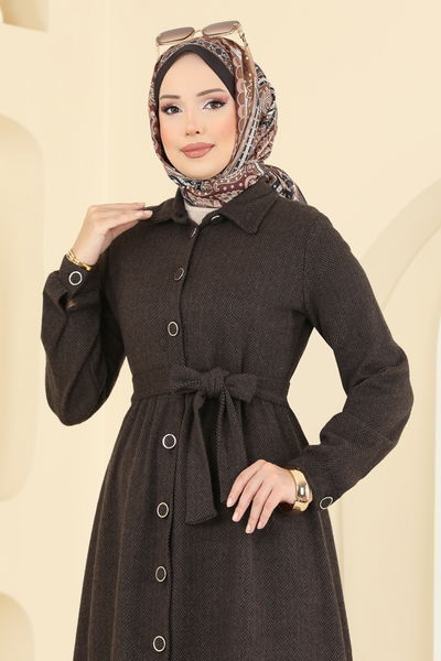 U.K.B.K. - Gömlek Yaka Balıksırtı Elbise 24082UKBK1160-MS Kahve - 413646