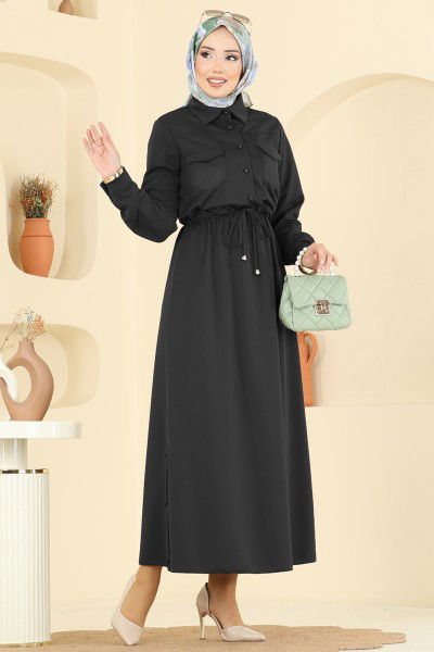 S.L. - Gömlek Yaka Dabıl Elbise 2744SL432-MS Siyah