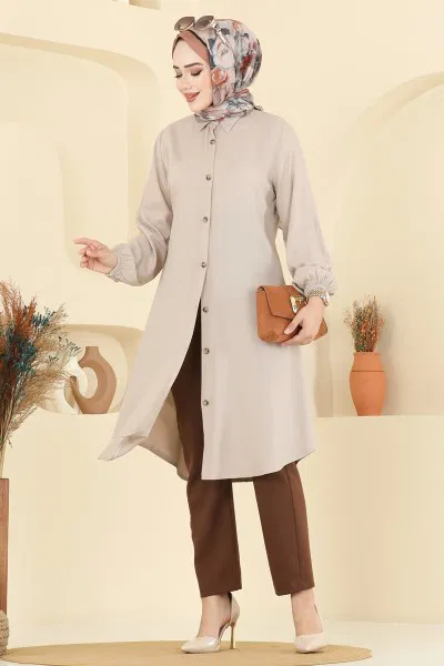 E.R.K. - Gömlek Yaka Detaylı Tunik 2001ERK1158-MS Taş