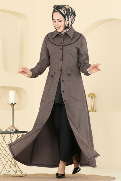 P.L. - Gömlek Yaka Tivit Elbise PL9179-MS Kahve - 411641